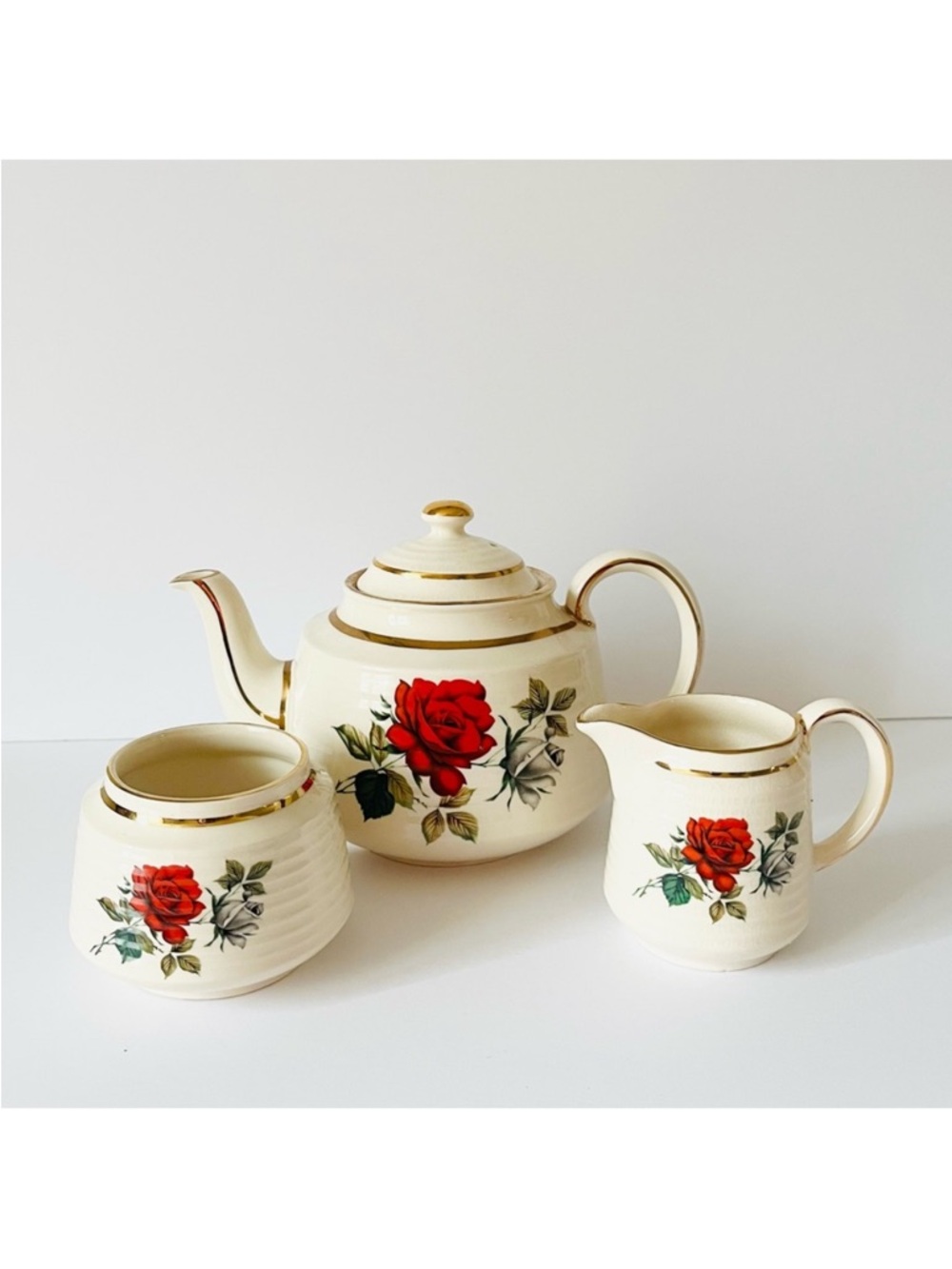 Vintage England Rose Teapot Set w/ Creamer & Sugar Bowl
